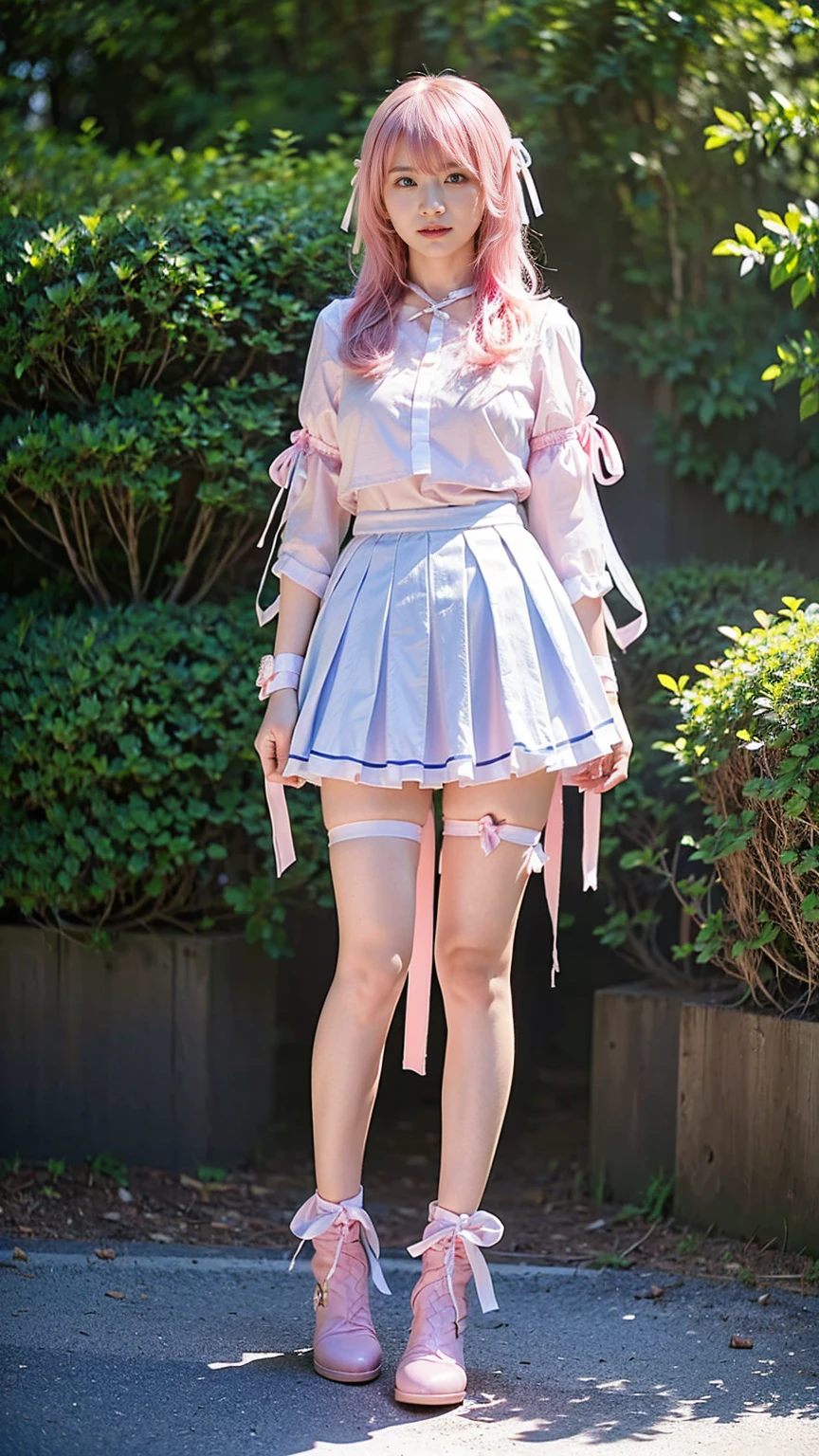 (8k、RAW Photos、Highest quality、masterpiece:1.2)、(Realistic、Realistic)、1 girl、((white、pink、light blue、mini skirt、pinkの髪、Breast enlargement、boots、ribbon、Thin legs、whole body、View from the front、Looking into the camera、ribbon、garden、See-through、Stand with hands on hips))、cute