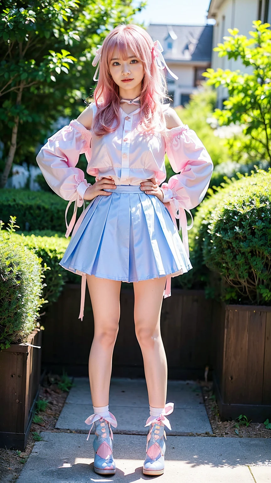 (8k、RAW Photos、Highest quality、masterpiece:1.2)、(Realistic、Realistic)、1 girl、((white、pink、light blue、mini skirt、pinkの髪、Breast enlargement、boots、ribbon、Thin legs、whole body、View from the front、Looking into the camera、ribbon、garden、See-through、Stand with hands on hips))、cute