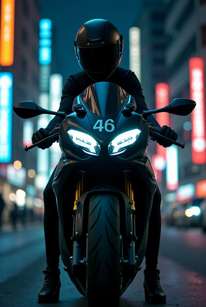 Dans la nuit en plaine ville une femme sexy qui porte un casque de moto noir assis sur une moto noire qui porte le numéro 46 en blanc (image 4k) 