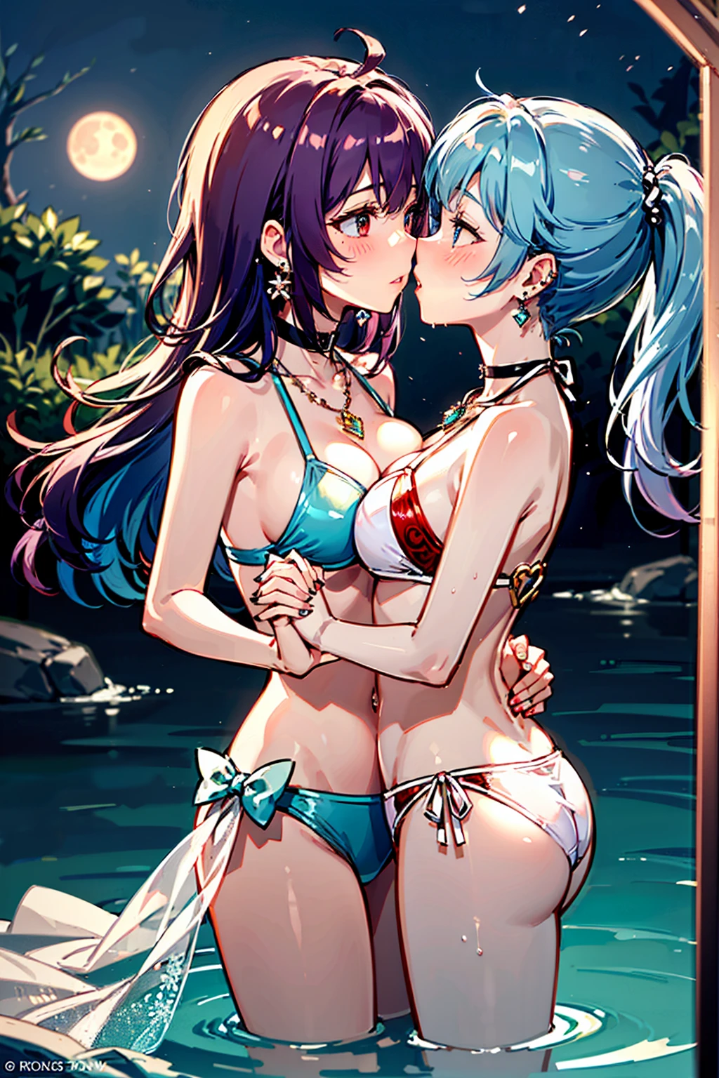 (high detail, high quality, best picture quality, masterpiece), multiple girls from above at a long distance in a rule of thirds composition Two cute Girls Night sea moon moonlit sea dark Backlight (The girl on the right is short and has a medium bust/Blue eyes/brown ponytail) (The girl on the left is tall and has a large bust/Red eyes/purple hair/princess cut, long hair) (Facing each other and holding hands) (Place your other hand around the other persons waist) (White or floral bikini) shiny glossy iridescent clothes shiny glossy latex gradient iridescent bikini shiny reflective bikini (((Close Face))) ((Face to Face)) ((Kissing Soon)) Face to face Gazing at each other ((Right before the kiss)) On the brink of kissing Embarrassed expression Blushing Half-Closed Eyes Wet body (Choker or pendant) (Earrings or pierced earrings) Alternating Breast Size Bouncing Breasts Dangling Breasts