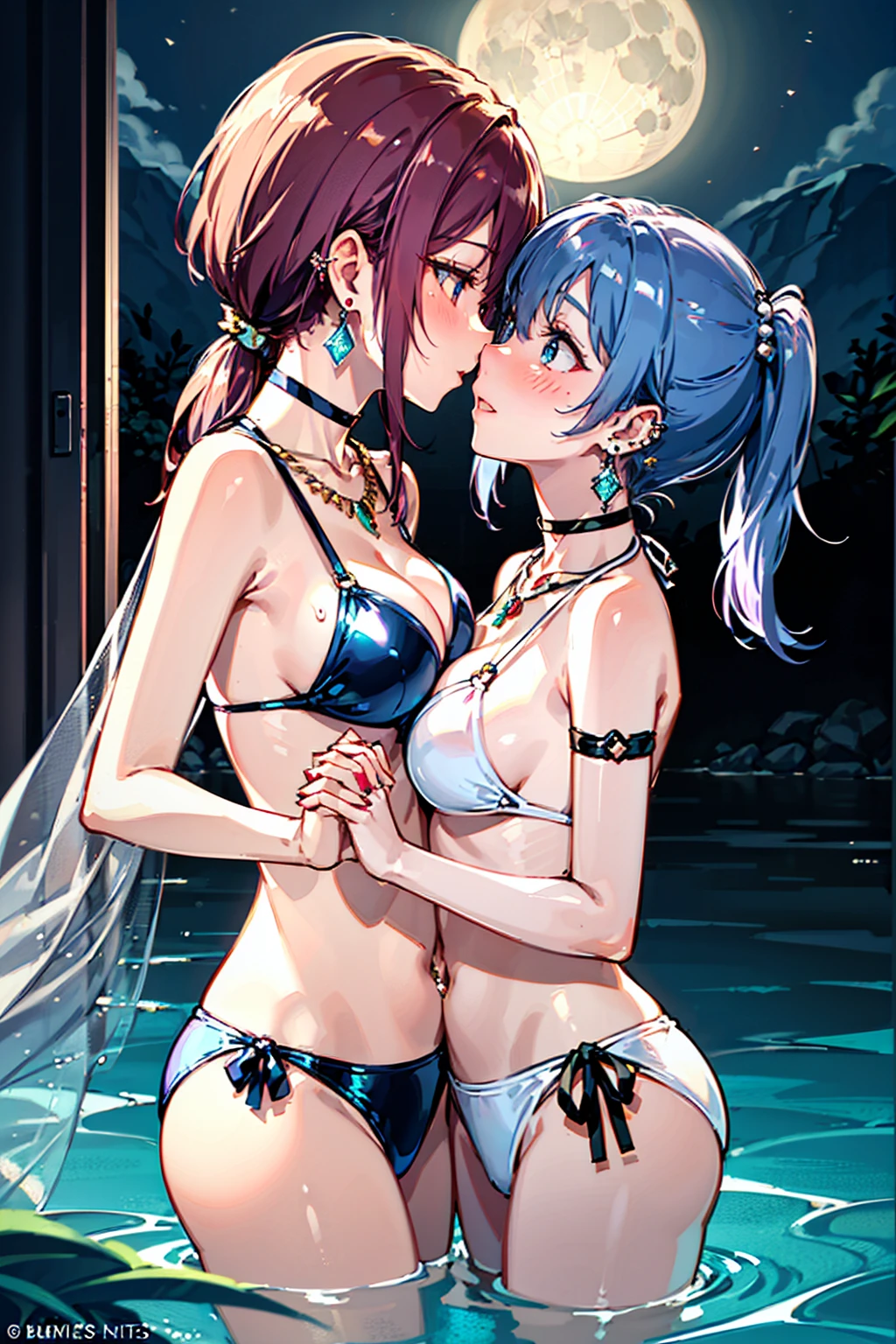 (high detail, high quality, best picture quality, masterpiece), multiple girls　from above　at a long distance　in a rule of thirds composition　Two cute Girls　Night sea　moon　moonlit sea　dark　Backlight　(The girl on the right is short and has a medium bust/Blue eyes/brown ponytail)　(The girl on the left is tall and has a large bust/Red eyes/purple hair/princess cut, long hair)　(Facing each other and holding hands)　(Place your other hand around the other persons waist)　(White or floral bikini)　shiny glossy iridescent clothes　shiny glossy latex gradient iridescent bikini　shiny reflective bikini　(((Close Face)))　((Face to Face))　((Kissing Soon))　Face to face　Gazing at each other　((Right before the kiss))　On the brink of kissing　Embarrassed expression　Blushing　Half-Closed Eyes　Wet body　(Choker or pendant)　(Earrings or pierced earrings)　Alternating Breast Size　Bouncing Breasts　Dangling Breasts　