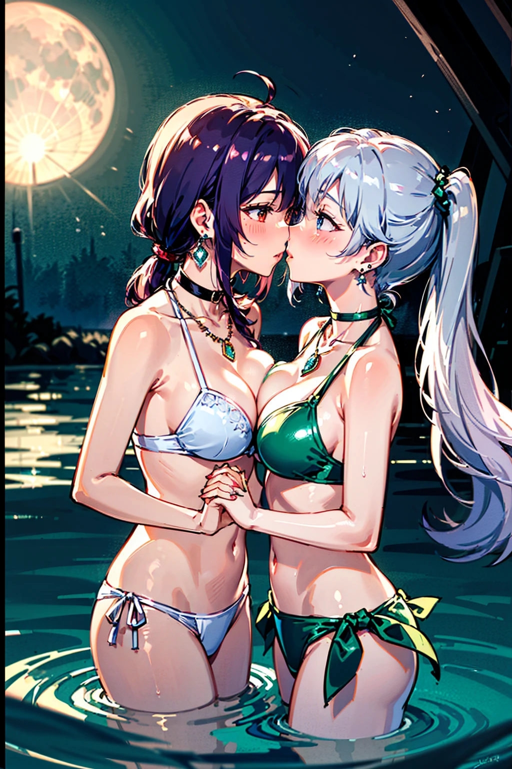 (high detail, high quality, best picture quality, masterpiece), multiple girls　from above　at a long distance　in a rule of thirds composition　Two cute Girls　Night sea　moon　moonlit sea　dark　Backlight　(The girl on the right is short and has a medium bust/Blue eyes/brown ponytail)　(The girl on the left is tall and has a large bust/Red eyes/purple hair/princess cut, long hair)　(Facing each other and holding hands)　(Place your other hand around the other persons waist)　(White or floral bikini)　shiny glossy iridescent clothes　shiny glossy latex gradient iridescent bikini　shiny reflective bikini　(((Close Face)))　((Face to Face))　((Kissing Soon))　Face to face　Gazing at each other　((Right before the kiss))　On the brink of kissing　Embarrassed expression　Blushing　Half-Closed Eyes　Wet body　(Choker or pendant)　(Earrings or pierced earrings)　Alternating Breast Size　Bouncing Breasts　Dangling Breasts　