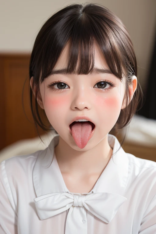 Ultra high quality,4K,8k, high definition ,masterpiece, ultra detail , realistic ,photo realistic ,photo- realistic ,  Intricate Details , bright colors , soft lighting ,(masterpiece:1.7)、top quality、 very nice finish 、 1 girl, Alone, sharp focus , 超 high definition の顔、The eyes are symmetrical:1.3、 High Quality Beautiful Skin 、 toned skin 、 1 girlの画像, (())、(( white blouse))、((The best beautiful girl、 super cute、*********))、 natural makeup ,  shiny lips、 Embarrassing :1.3、( bob cut),( sticking out the tongue :1.5),( upper body shot:1.7),( please open your mouth wide:1.5)、( has wrinkles between her eyebrows:1.4)、( scared expression:1.8)、(Please close your eyes completely:2.1),( blushing:1.5),(Let your bangs hang down:1.7)、 low contrast lighting、( the top of her head fits in the frame:1.4)