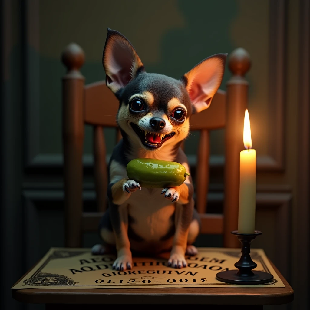 The image depicts a Chihuahua with an exaggerated, mischievous expression sitting on a wooden chair in a dimly lit room. The dog has a sly grin, showing its sharp teeth, and its eyes are wide and slightly squinted, giving it a sinister yet humorous look. The Chihuahua is holding a pickle between its paws, adding to the comedic and quirky nature of the scene.
The room has a somewhat eerie atmosphere, enhanced by the presence of an old-fashioned Ouija board on a table next to the dog. The board has the typical alphabet and numbers layout, with a candle placed nearby, casting a warm, flickering light that adds to the spooky ambiance.
The camera angle is a close-up shot, focusing on the Chihuahua and capturing the details of its expression and the surrounding objects. The background is dark, with low light, making the dog and the items on the table the central focus of the image. The overall mood is a blend of dark humor and absurdity, with the Chihuahua’s mischievous grin contrasting against the ominous setting of the Ouija board.