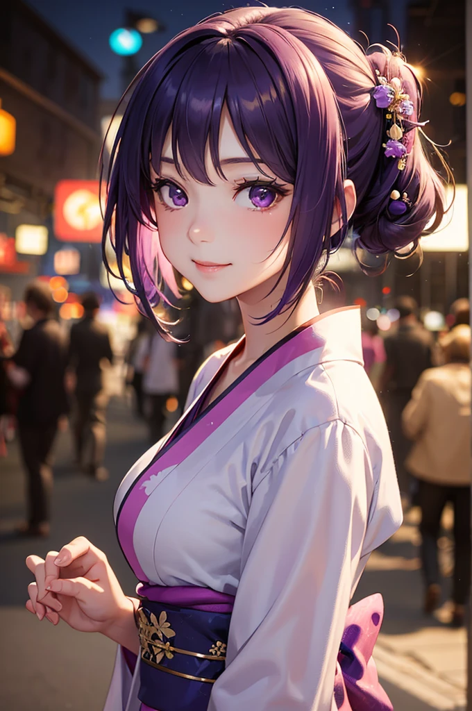 Best Quality,High resolution,8k,finelity detailed background,Masterpiece:1.2),beautiful girl,Shiny purple hair,bob cut,Purple Eyes,Gentle look,A refreshing look,smile,Best quality,Best Quality,Aesthetic and aesthetic:1.2,Best details((Super detailed))(High-definition CG illustrations),kimono,yukata,Slender body,night,festival,smile,blush,cute,Scrounge,Looking up,Being spoiled,super model,wariza,shoot from,Side