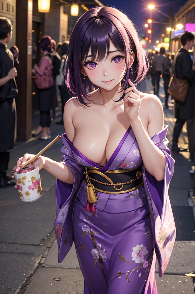 Best Quality,High resolution,8k,finelity detailed background,Masterpiece:1.2),beautiful girl,Shiny purple hair,bob cut,Purple Eyes,Gentle look,A refreshing look,smile,Best quality,Best Quality,Aesthetic and aesthetic:1.2,Best details((Super detailed))(High-definition CG illustrations),kimono,yukata,Slender body,night,festival,smile,blush,cute,Scrounge,Looking up,Being spoiled,super model,wariza,shoot from,Side