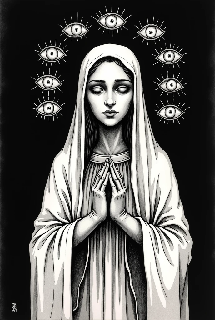 A medieval ink drawing of the holy woman with her head covered in a white linen veil. She is holding seven or tribal narrative hands surrounded by ten eyes floating above them on a black background, in the style of cartoon gothic