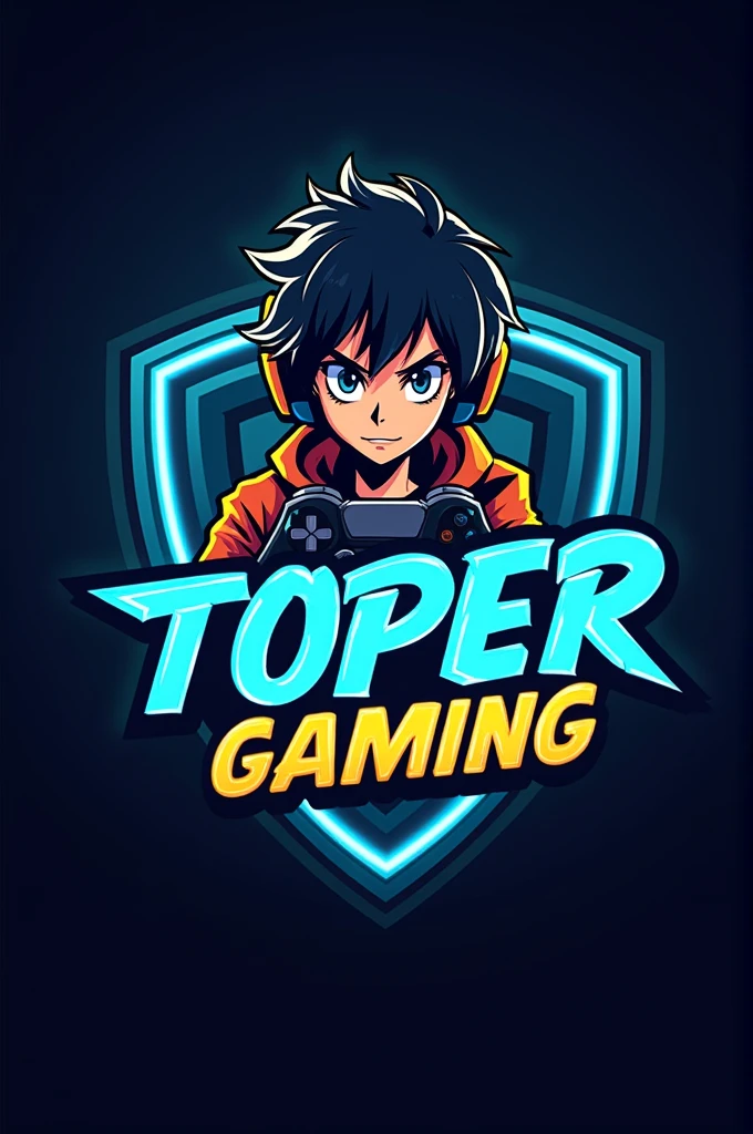 This is a gaming logo that features the name "TOPER GAMING" in a futuristic font and a neon blue and golden color. and Boy Anime avtar, The logo also has a stylized controller icon. The logo is designed to be attractive and eye-catching, and to appeal to gaming enthusiasts and