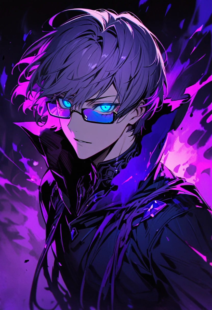 male, solo, handsome, light purple hair, beautiful color, short hair, blue eyes, glasses, gorgeous background, dark blue aura, glowing eyes, floating blue gemstone, floating purple warrior, short hair, half eyes, villian, creepy eyes