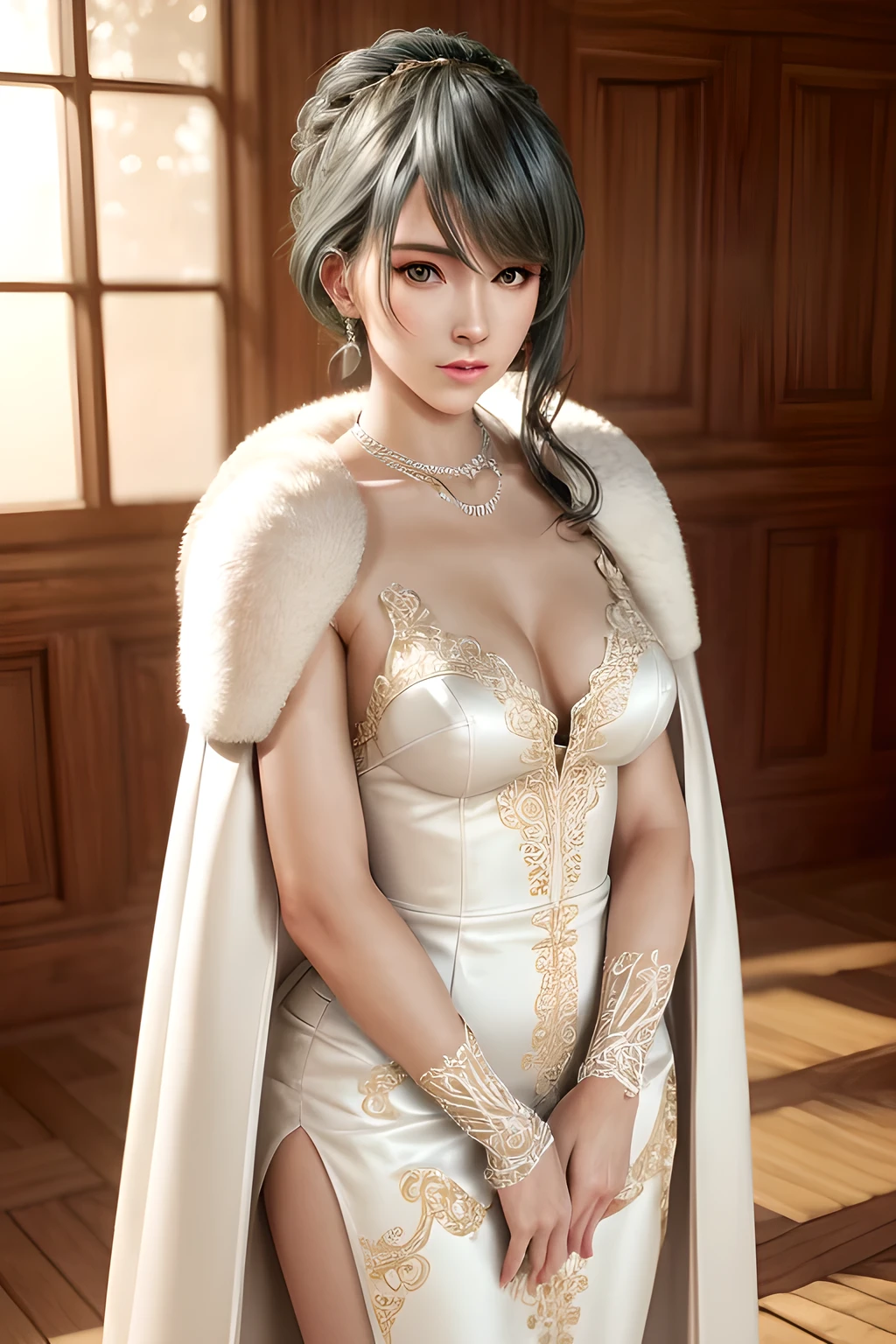 A lady with extraordinary temperament, she stands in a modern indoor space, as if she is a model from a fashion magazine. She is wearing a (pure white long fur cape), the softness and luster of which makes her look more noble under the light, and complements her (beige dress) underneath, showing her gentle temperament while maintaining a sense of fashion. The style of the dress is simple and generous, a perfect match, and it lengthens her figure, making her tall and charming. The lady's makeup is delicate and elegant, which just highlights her facial features and makes people unforgettable at first sight. Although the earrings and necklace she wears are not ostentatious, they add a bit of sophistication and nobility to her overall look. Her hair is casually draped over her shoulders, and every strand of hair exudes a natural luster,, (best quality,8k,highres,masterpiece:1.2),ultra-detailed,(realistic,photorealistic,photo-realistic:1.37),studio lighting,ultra-fine painting,sharp focus,physically-based rendering,extreme detail description,professional,vivid colors
