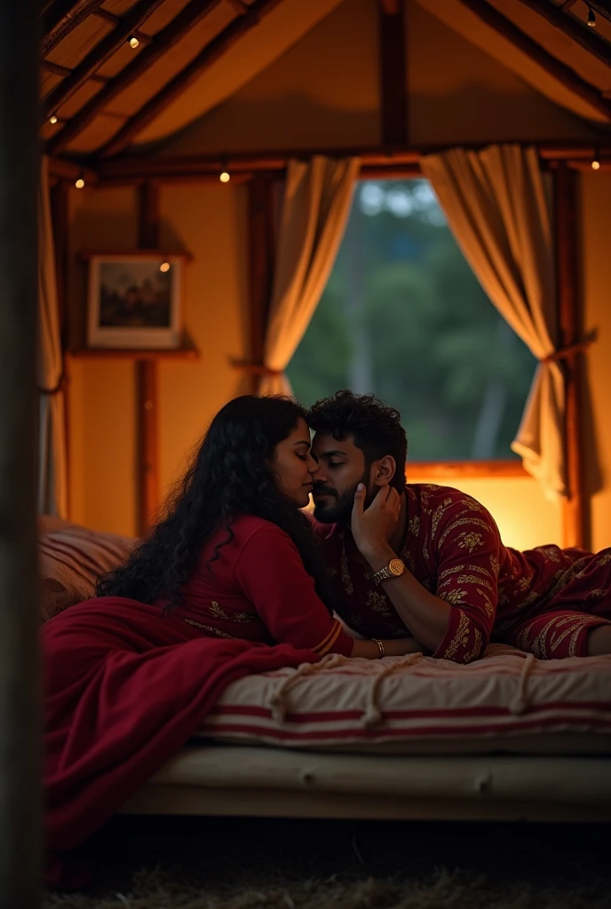 Indian couple romantic hug in a jumgle hut in the night, lying over a wooden bed. Image from a distance.