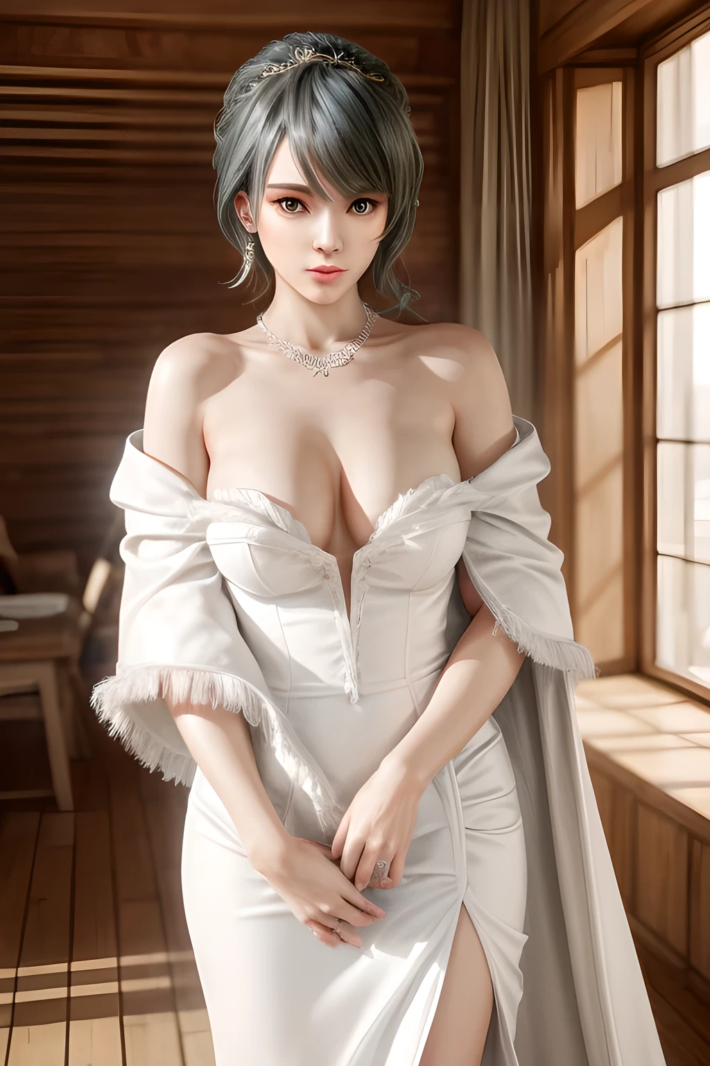 A lady with extraordinary temperament, she stands in a modern indoor space, as if she is a model from a fashion magazine. She is wearing a (pure white long fur cape), the softness and luster of which makes her look more noble under the light, and complements her (beige dress) underneath, showing her gentle temperament while maintaining a sense of fashion. The style of the dress is simple and generous, a perfect match, and it lengthens her figure, making her tall and charming. The lady's makeup is delicate and elegant, which just highlights her facial features and makes people unforgettable at first sight. Although the earrings and necklace she wears are not ostentatious, they add a bit of sophistication and nobility to her overall look. Her hair is casually draped over her shoulders, and every strand of hair exudes a natural luster,, (best quality,8k,highres,masterpiece:1.2),ultra-detailed,(realistic,photorealistic,photo-realistic:1.37),studio lighting,ultra-fine painting,sharp focus,physically-based rendering,extreme detail description,professional,vivid colors