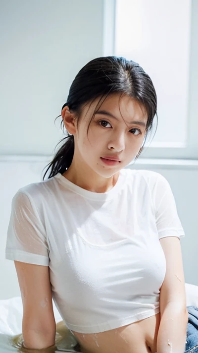 Lying in bed:1.88、Small face、Very listless look、Beautiful cleavage、thin、(((Soaked mini T-shirt、See-through mini T-shirt、Skin-tight mini T-shirt:1.52))),barefoot,One Girl,Realistic,Bedroom、((Extremely precise and accurate anatomy:1.0、The hand has 5 fingers、5 fingers on the paws)), (Beautiful breast shape:1.4), (Beautiful belly button:1.4), (最高品質のRealisticな肌の質感:1.4), (Improvement of quality:1.4), (Enhances the beauty of skin texture:1.1), Clean and glowing skin, mesh, thin:1.2, (Realistic:1.3), Realisticなライティング, (Smoother lighting:1.05), (Improving the quality of cinema lighting:0.9), Backlight, A gentle light for your face, Ray Tracing, (Bright light:1.2), 32K, One Japanese woman, fine grain, Detailed face, (Film Grain:1.1),(Accentuates body lines:1.1), Soft light reflection, Beautiful contours, Delicate skin tone, Fine hair texture, Natural background,sexy、