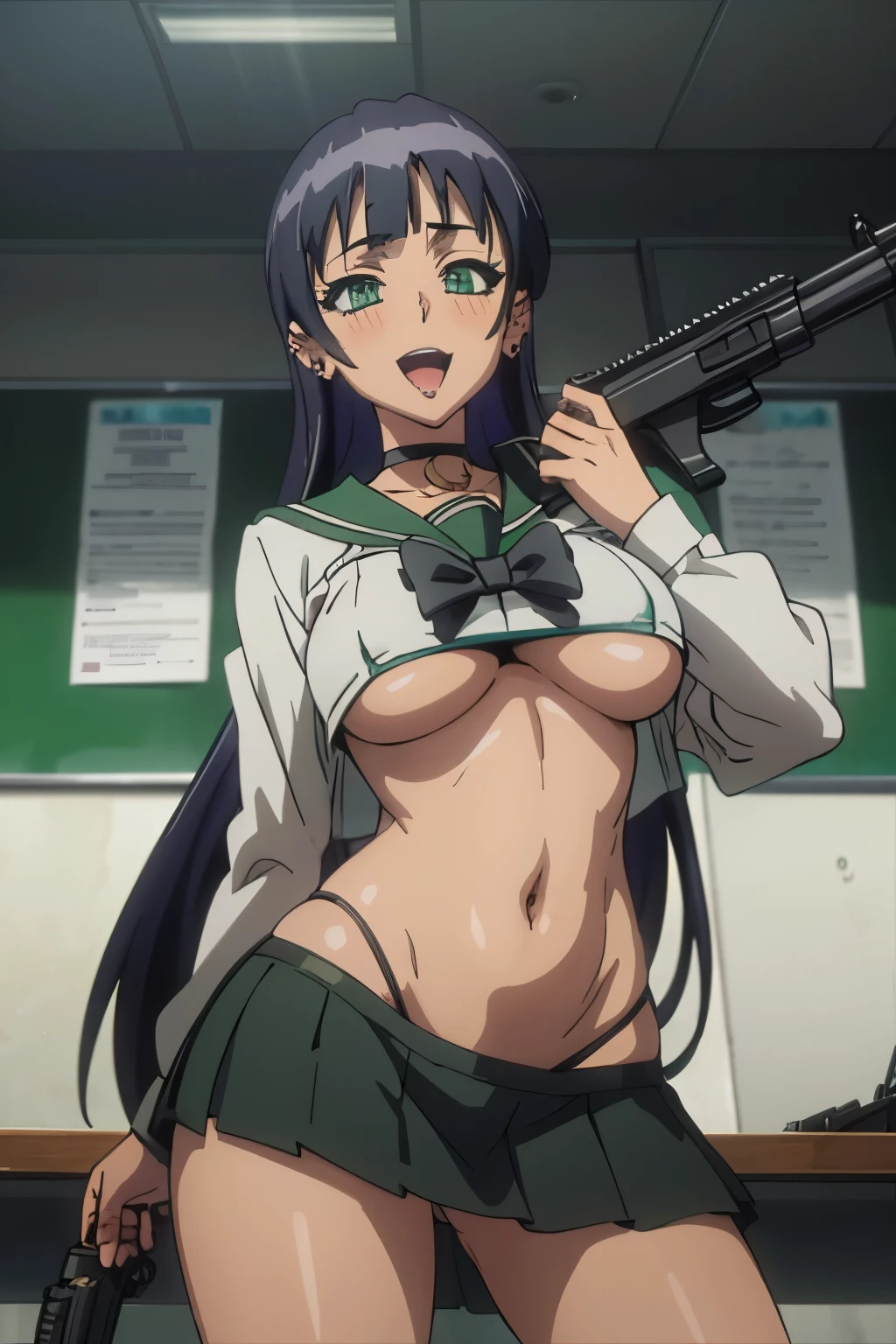 pa-san, blunt bangs, choker, colored inner hair, black hair, purple hair, green eyes,
blush, lipstick,,jewelry, earrings, Hot girl, baddie, bad attitude, mean girl, crazy, smoking, sensual, attractive , masterpiece, best quality, highly detailed, a anime girls in sailor uniforms with a gun posing for a picture,
evil smile, smile, open mouth,black_serafuku, ecchi anime style, anime girls ,
ecchi style, ecchi, shipgirls, digital anime art!!, high school girls, holding a gun, hold a gun, anime style 4
k, micro skirt, exposed belly, exposed navel, exposed midriff, holding pistol,underboob,
exposed lower belly,school, classroom,, 