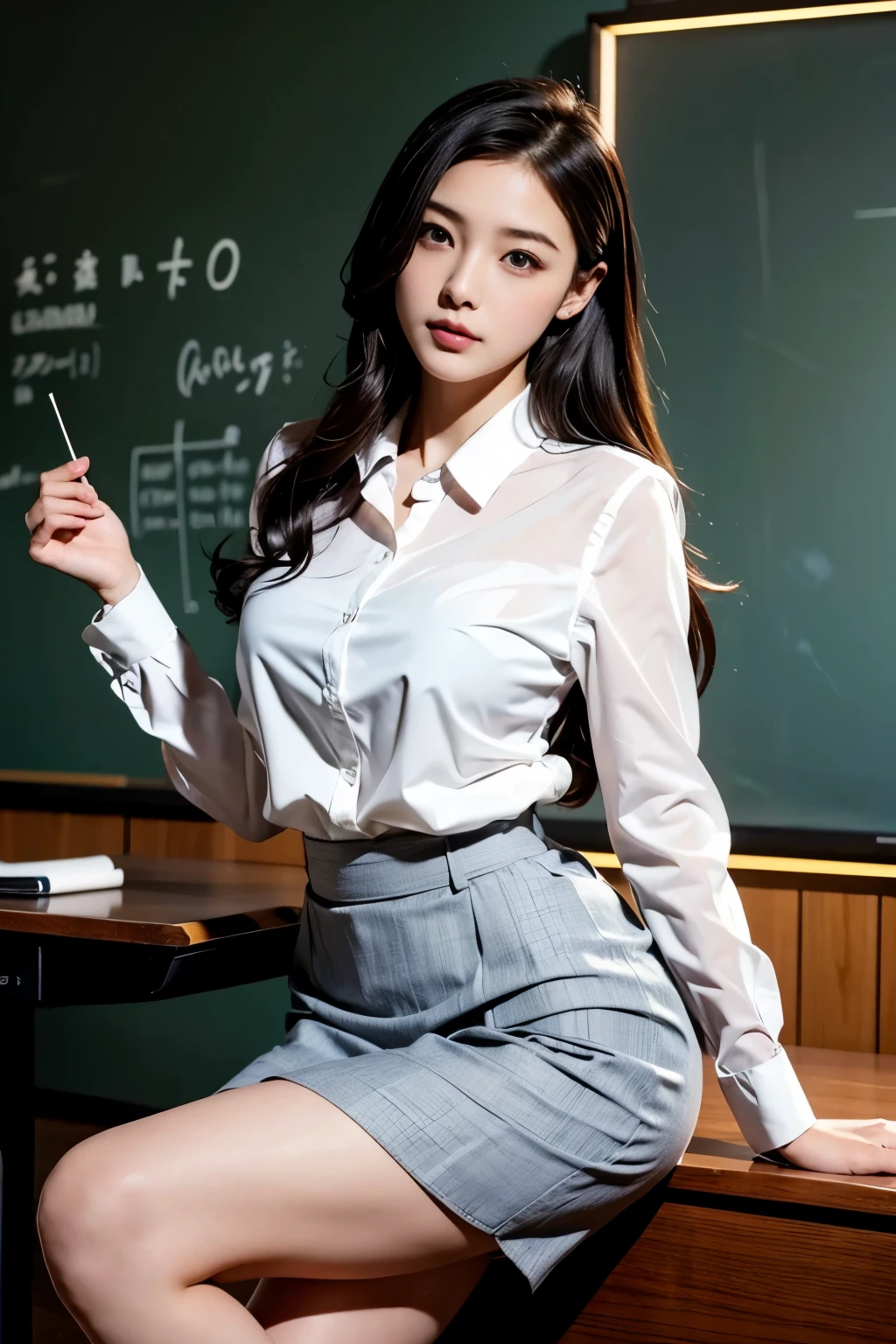 Masterpiece(1.4)，Highest quality(1.5)，Highest quality，8k、16K，wallpaper，Ultra-high resolution，Extremely detailed，Japanese，Beauty，sexy，glamorous，Perfect Style，teacher，School classroom，business suit，White shirt，Tight Skirt，pumps，(Students checking attendance in front of the blackboard in the classroom, holding an attendance book)，