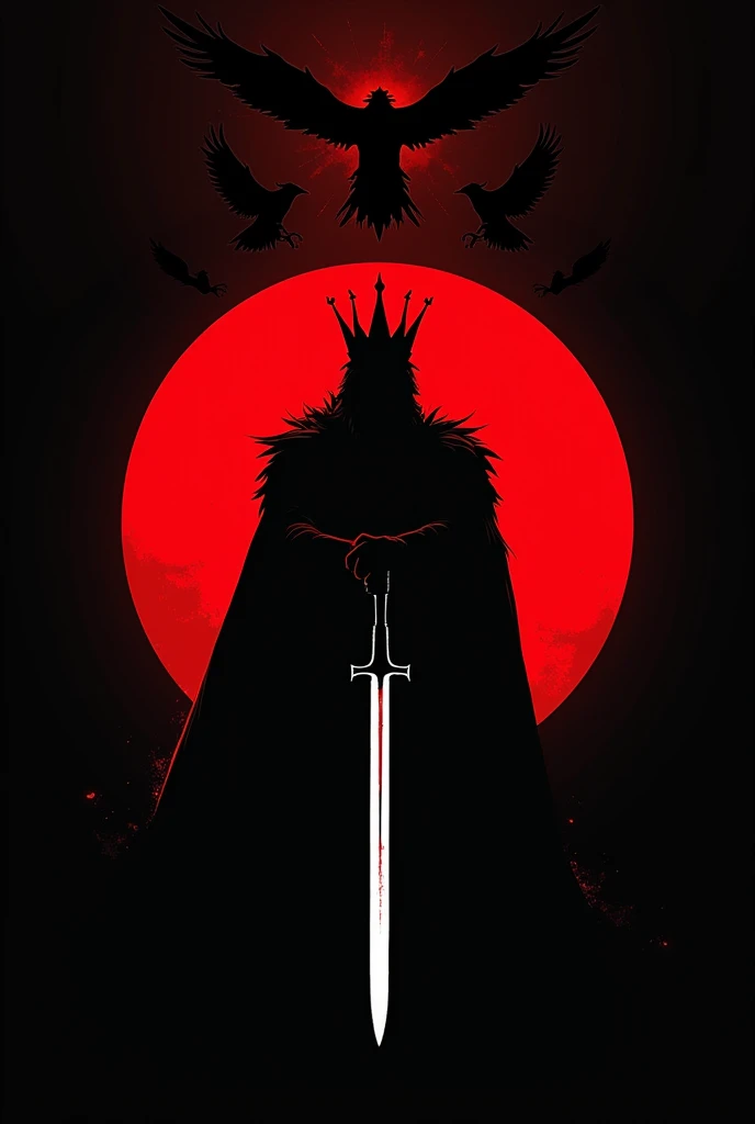 minimalist poster of the king with a crown and sword, crows above, red color theme, black background, Japanese style art in the style of Yoji Shinkawa and Craig Mullins, dark souls boss silhouette in the top left corner, symmetrical