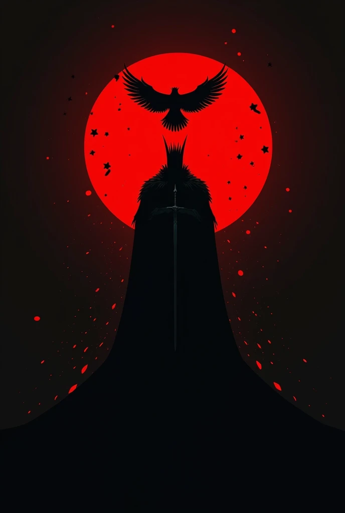 minimalist poster of the king with a crown and sword, crows above, red color theme, black background, Japanese style art in the style of Yoji Shinkawa and Craig Mullins, dark souls boss silhouette in the top left corner, symmetrical