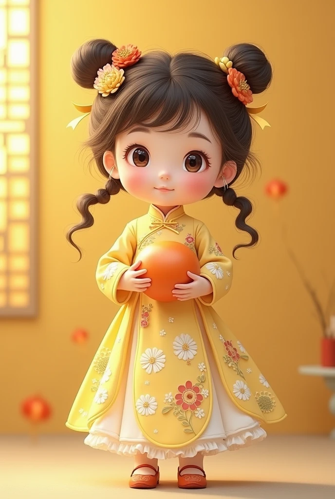 With a girl, Little、fruit, , Medium pastel yellow white, Luxury Fabric, Dithering, Widespread,Viewer Lucky Brown,In a Chinese dress、、There are no protrusions on the head、There are no protrusions on the head