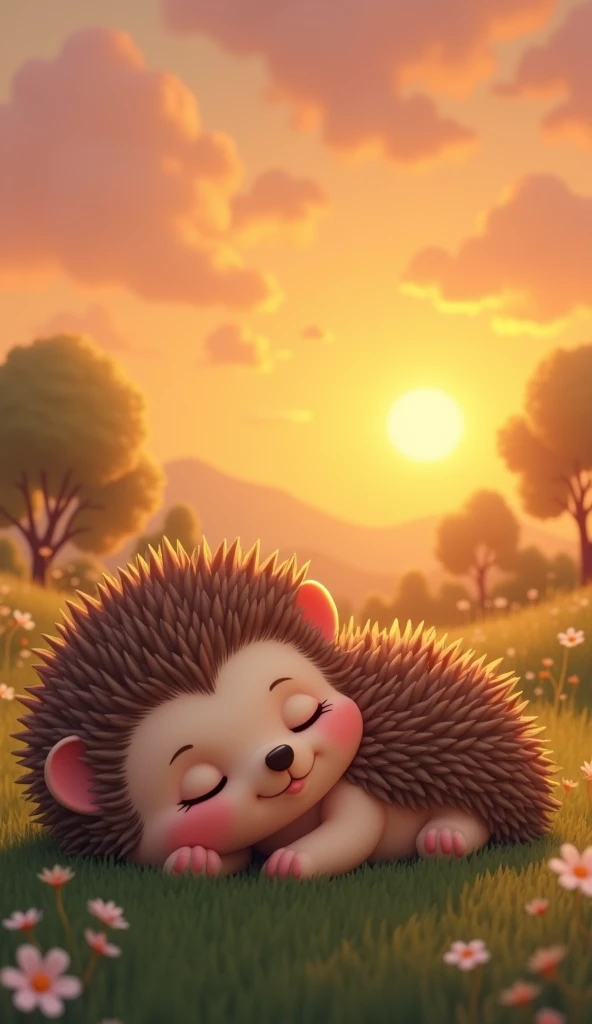A cute and charming hedgehog character、Taking a peaceful nap while watching the sunset。The hedgehog lies comfortably on the soft grass、Relaxing with its little legs tucked under its chin。The sky is orange、pink、Painted in warm tones of gold、It casts a gentle glow on the landscape.。The hedgehog has his eyes half closed、With a satisfied smile、Bathed in the soft, fading light of dusk、Drifting off into a comfortable nap。The surrounding scenery is tranquil、A few flowers and trees swaying gently in the breeze、A hedgehog is enjoying the beauty of the sunset before falling asleep、Capturing a heartwarming moment of tranquility and relaxation。