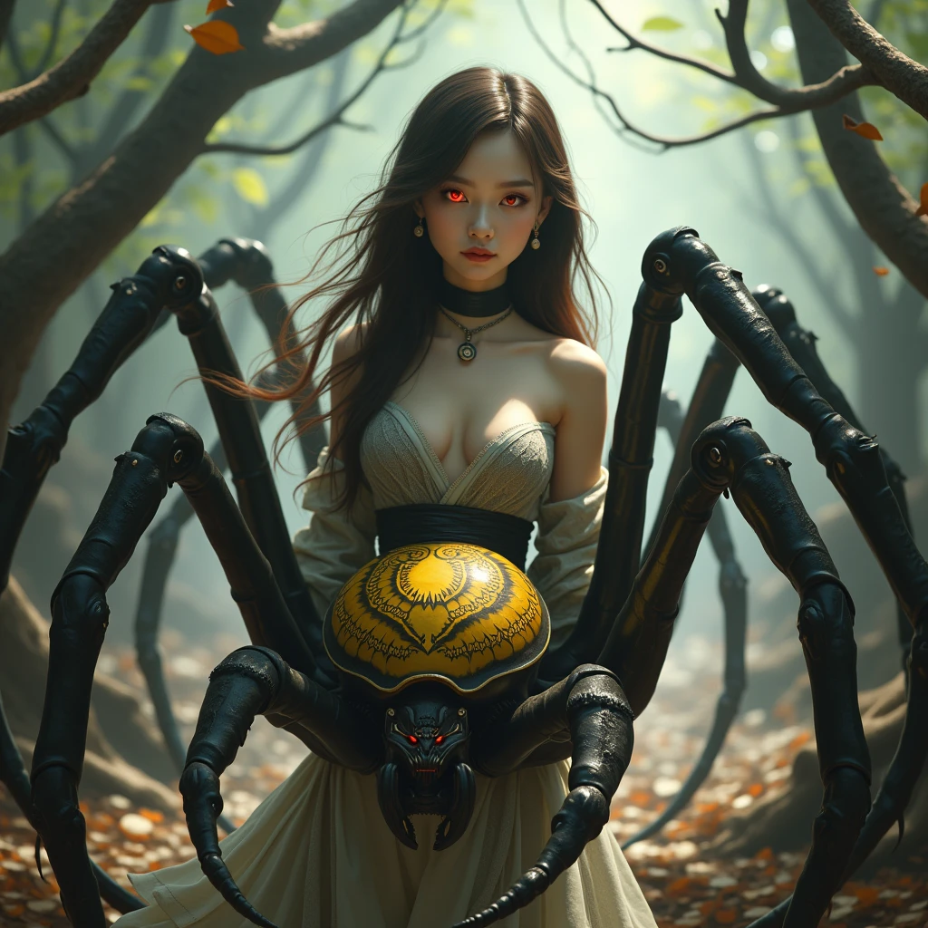 - **Basic composition**:
- 「Human monster」「Upper Body美女」「Lower Body蜘蛛」「Fantasy World」「creatures from another world」「A fusion of human and spider」「mystical presence」「Fantastic characters」「Hybrid Monsters」「A fusion of horror and beauty」「A strange combination」「Surrealなモンスター」「Otherdimensional Creatures」「Bewitching Monster」「Fantasy Creatures」「A mixture of beauty and horror」「Unknown Creature」「Mythical monsters」「A dreamlike existence」「Fear and fascination」
- **Upper Body**:
- 「Attractive Asian beauty」「Long brown hair」「Flowing Hair」「Mystical Eyes」「Pale red glowing eyes」「White smooth skin」「Elegant kimono」「kimono」「Intricate embroidery」「Black choker」「Brilliant decoration」「Glowing Skin」「Big Breasts」「bangs」「Shiny Hair」「Beautiful Faces」「Delicate makeup」「Graceful lines」「Red Lip」「Clear skin」「Enchantingな微笑」
- **Lower Body**:
- 「Giant spider belly」「8 legs」「Glossy black and yellow shell」「Sharp Claws」「Delicate pattern」「Strong legs」「large bulging abdomen」「Shiny Shell」「Spider body」「Multi-legged structure」「Detailed pattern」「A transparent shell」「Thick tentacle-like legs」「Intricate Design」「Spider web pattern」「Curved legs」「Strong legs部」「Black and yellow skin」
- **background**:
- 「Bright Forest」「Intertwined trees々」「Rotten Branch」「Ground of fallen leaves」「Daytime view」「Deep in the Forest」「幻想的なbackground」
- **atmosphere**:
- 「A fusion of beauty and horror」「Different dimension」「Enchanting」「Incite anxiety」「The horror of beauty」「Elegant horror」「Surreal」「Fascination and terror」「Strange Beauty」「A sense of fear」「Supernatural Beauty」「神話的なatmosphere」「Bewitching mood」