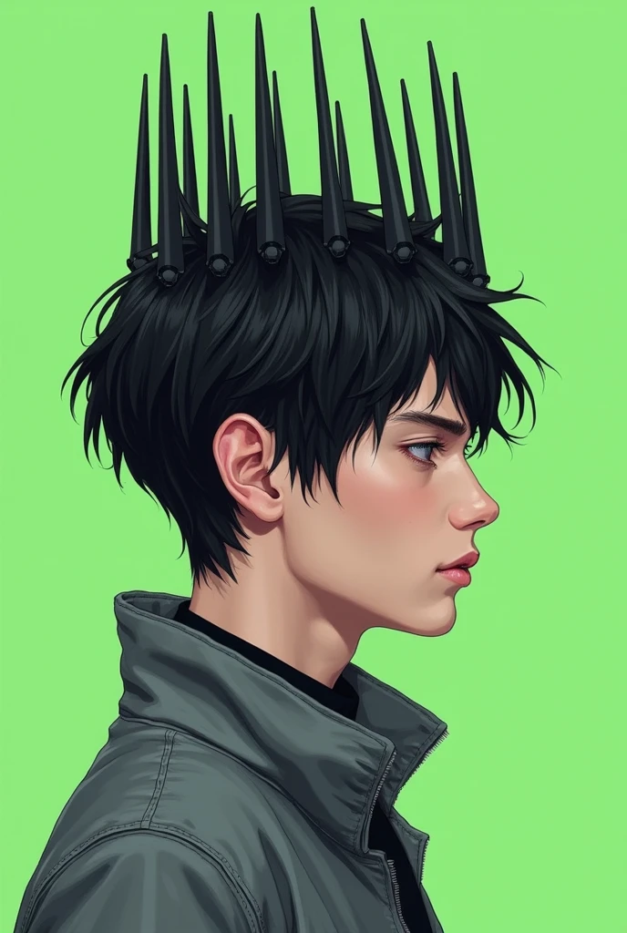 Realistic drawing of the profile view of an androgynous young man with short black hair wearing grey futuristic . He wears a crown made of dark metal spikes that is tall on his head against a green background