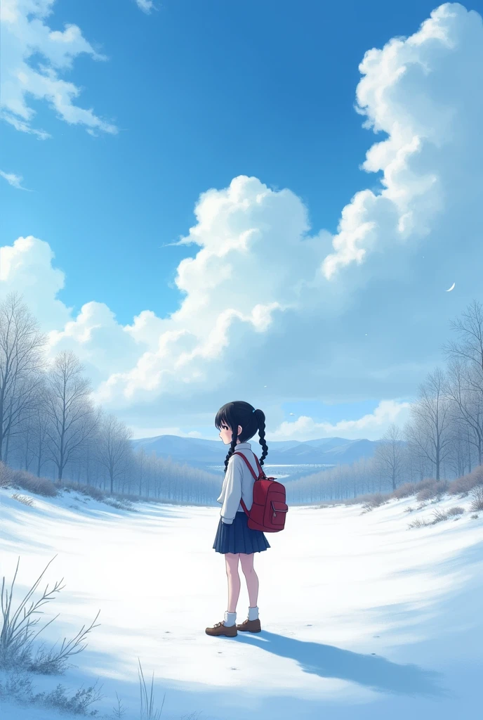 (alone:1.5),1 girl\(very cute,Soft Skin,(Girl:2.0),Dark Eyes,(12 years old),Black Hair,Shiny Hair,Twin tails\Braiding,,skirt,school bag\(red \) , (Remember:1.5) Looking this way,Cute Smile,whole body\) Standing in the snow\(rural area,shining white snow,blue sky,Beautiful Clouds\),[Browsing Caution], break ,quality\(8k,非常に精細なCGユニットのwallpaper, masterpiece,High resolution,top-quality,top-quality real texture skin,Surreal,Increase the resolution,RAW Photos,最高quality,Very detailed,wallpaper,Cinema Lighting,Ray Tracing,)