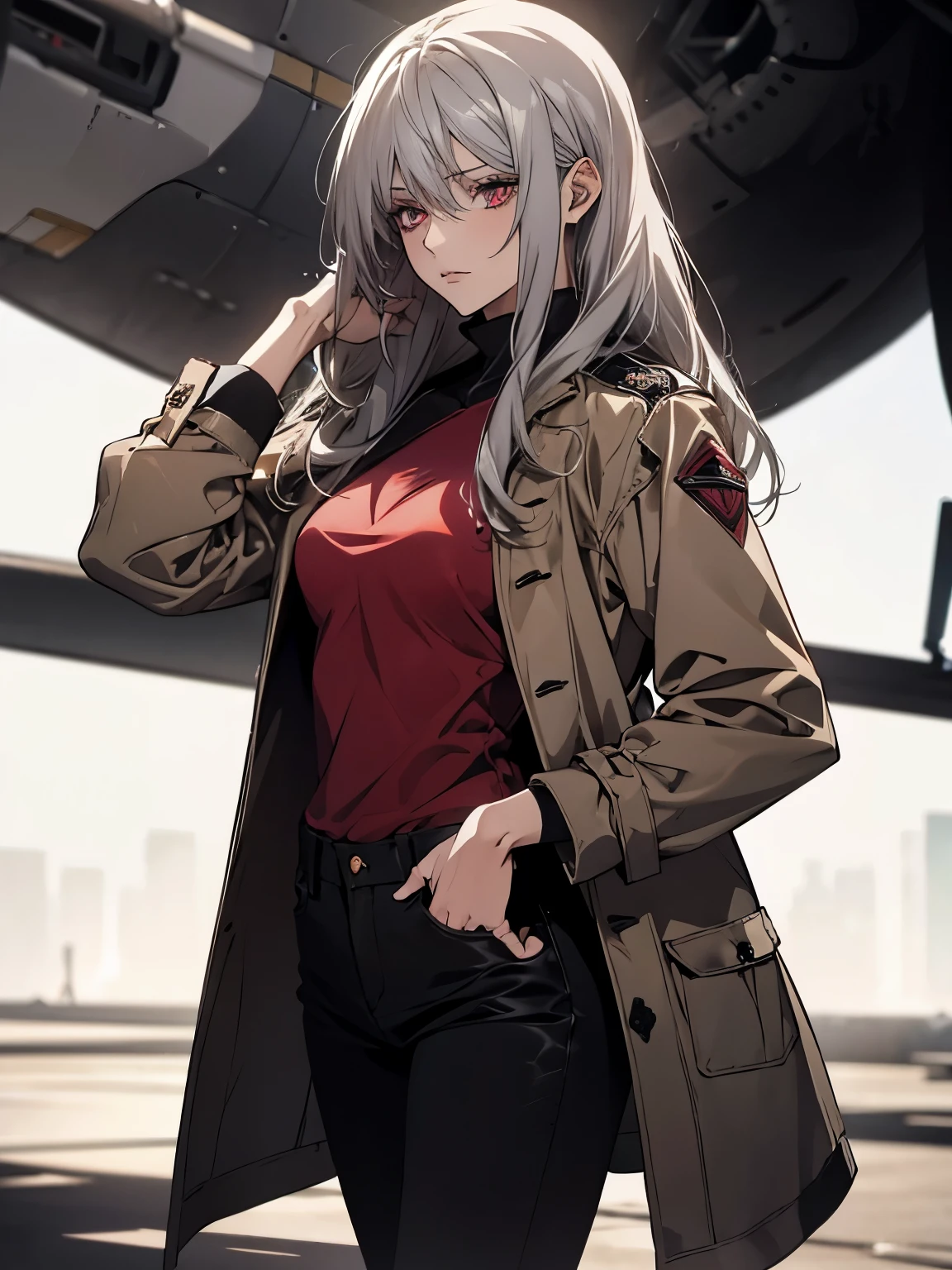 (Confused, High resolution, Very detailed), 1 female, Silver Hair,Long Hair,Crimson Eyes,Pilot jacket,skinny pants,coat,Leather handbags,24th generation,beauty,mature,thin,quiet,Calm,Small breasts,Thoughts,