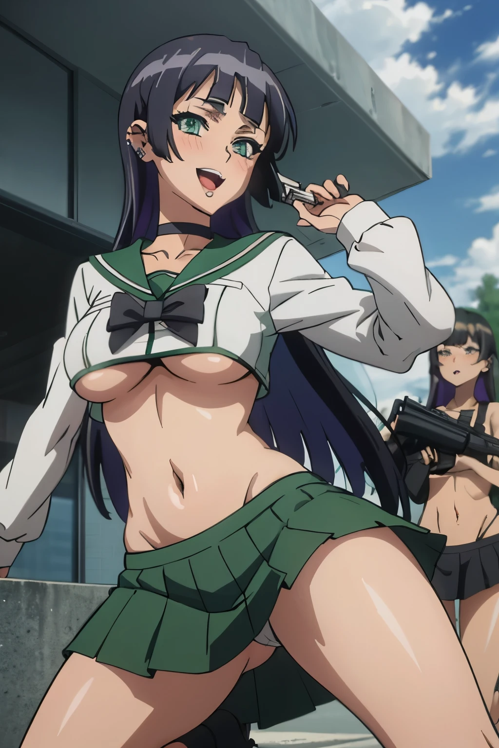 pa-san, blunt bangs, choker, colored inner hair, black hair, purple hair, green eyes,
blush, lipstick,,jewelry, earrings, Hot girl, baddie, bad attitude, mean girl, crazy, smoking, sensual, attractive , masterpiece, best quality, highly detailed, a anime girls in sailor uniforms with a gun posing for a picture,
evil smile, smile, open mouth,black_serafuku, ecchi anime style, anime girls ,
ecchi style, ecchi, shipgirls, digital anime art!!, high school girls, holding a gun, hold a gun, anime style 4
k, micro skirt, exposed belly, exposed navel, exposed midriff, holding pistol,underboob,
exposed lower belly,school, classroom,, 