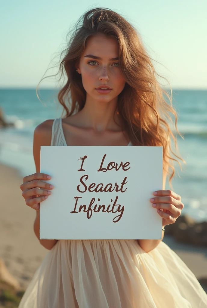 Beautiful girl with wavy long hair, bohemian dress, holding a white board with text "I Love Seaart Infinity" and showing it to the viewer