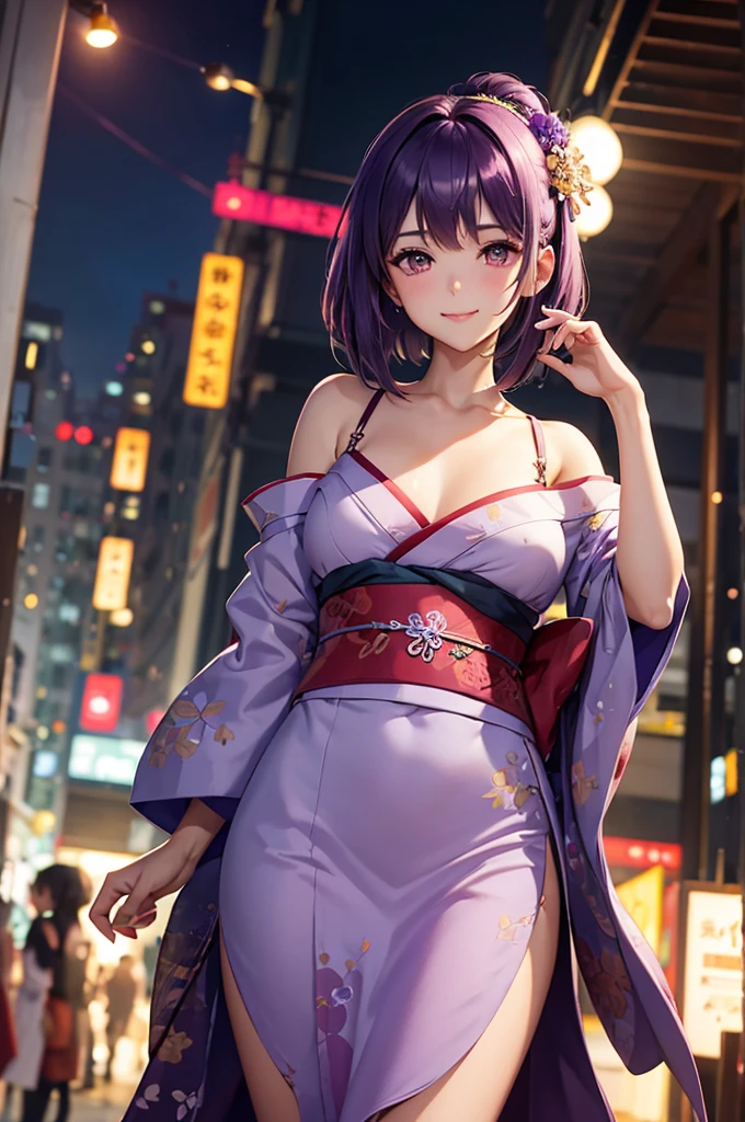 Best Quality,High resolution,8k,finelity detailed background,Masterpiece:1.2),beautiful girl,Shiny purple hair,bob cut,Purple Eyes,Gentle look,A refreshing look,smile,Best quality,Best Quality,Aesthetic and aesthetic:1.2,Best details((Super detailed))(High-definition CG illustrations),kimono,yukata,Slender body,night,festival,smile,blush,cute,Scrounge,Looking up,Being spoiled,super model,wariza,shoot from below