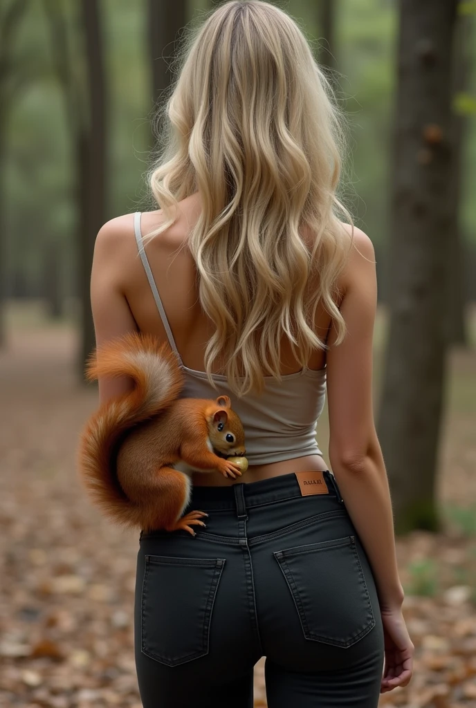 hyperealistic photo A full body shot of A beautiful blonde woman, a red squirrel eating an unshelled nut from the leg of the Woman wearing black jeans and white socks, view is over their shoulder, ultra-realistic photograph captured, high-resolution 8k quality ,detailed face, 8k