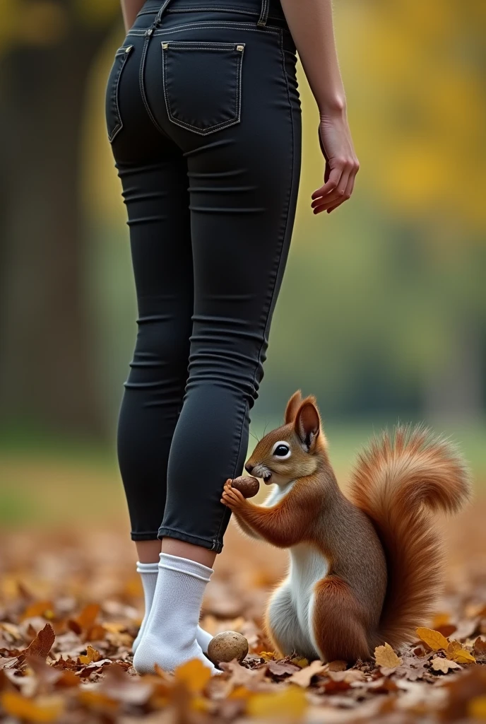 hyperealistic photo A full body shot of A beautiful blonde woman, a red squirrel eating an unshelled nut from the leg of the Woman wearing black jeans and white socks, view is over their shoulder, ultra-realistic photograph captured, high-resolution 8k quality ,detailed face, 8k