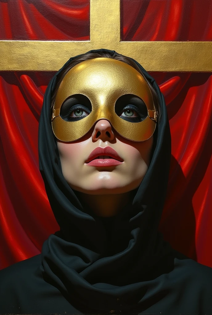 Oil painting in the style of Nicola Samori and Eliran Kantor, a close up of a hand holding an eye mask on top of the head with a golden cross with red fabric behind it