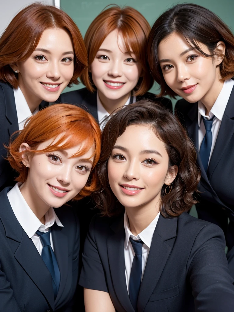 three sexy women in teacher outfits, looking at camera cute smiles, happy opened mouths, close up faces portrait, short curly orange hair