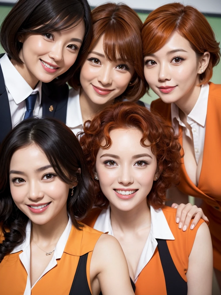 three sexy women in teacher outfits, looking at camera cute smiles, happy opened mouths, close up faces portrait, short curly orange hair
