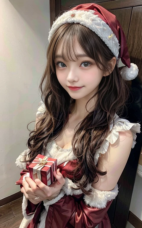 Japanese women、
Beautiful Skin、
Beautiful Hair、
Hair length is medium、
The hair is curly and permed、
Hair color is red hair mesh、
Beautiful Eyes、
Eye color is brown、
The expression is a smile、
Location is home、The costume is Santa costume
、Are standing、Holding a gift in both hands