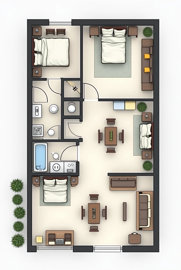 I want a 3 bedroom flat floorplan which is in pure rectangular in shape, with dimensions and it must cover around 3000 square meters