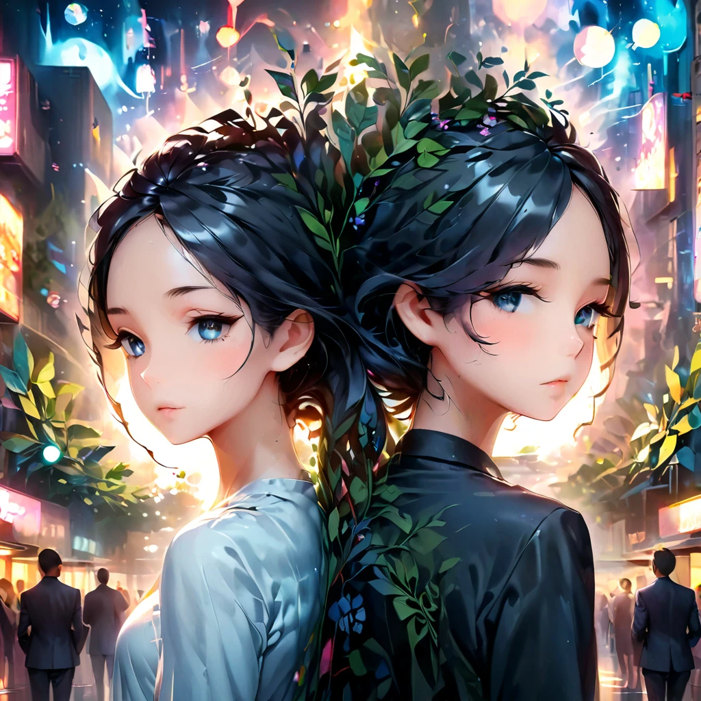 Highest quality, 4k wallpaper, 8k, ultra-high resolution, masterpiece, highly detailed CG, highly detailed eyes, ultra-detailed, complex details, public, 1:1, one 19-20 year old woman (long black hair, slim) and one 19-20 year old man, a lonely woman and man standing back to back in the center, a shy and lonely woman looking up as they stand back to back, neon pop abstract art style, abstract plant art, public, highly detailed flow of bubbles, dynamic art, cinematic lighting