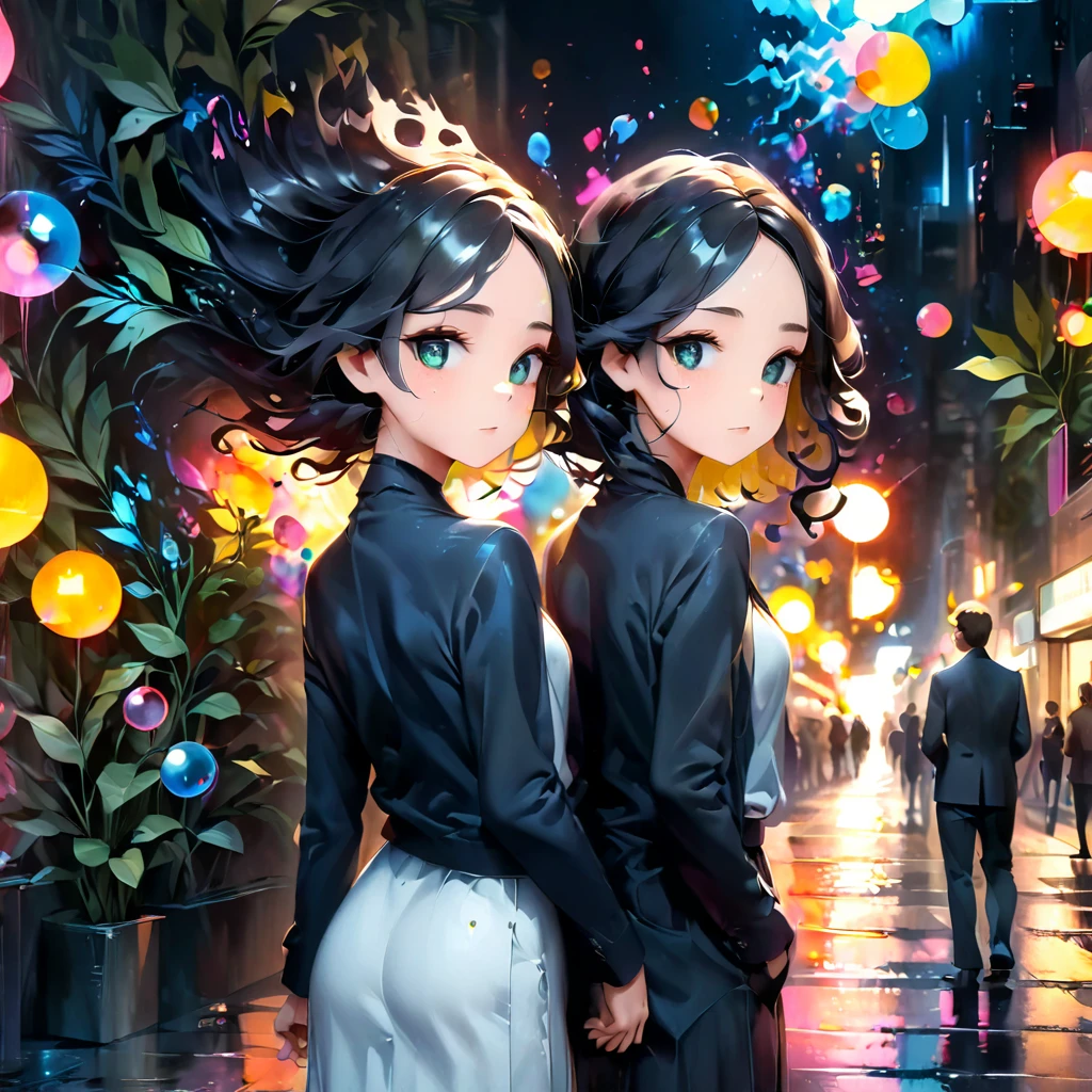 Highest quality, 4k wallpaper, 8k, ultra-high resolution, masterpiece, highly detailed CG, highly detailed eyes, ultra-detailed, complex details, public, 1:1, one 19-20 year old woman (long black hair, slim) and one 19-20 year old man, a lonely woman and man standing back to back in the center, a shy and lonely woman looking up as they stand back to back, neon pop abstract art style, abstract plant art, public, highly detailed flow of bubbles, dynamic art, cinematic lighting