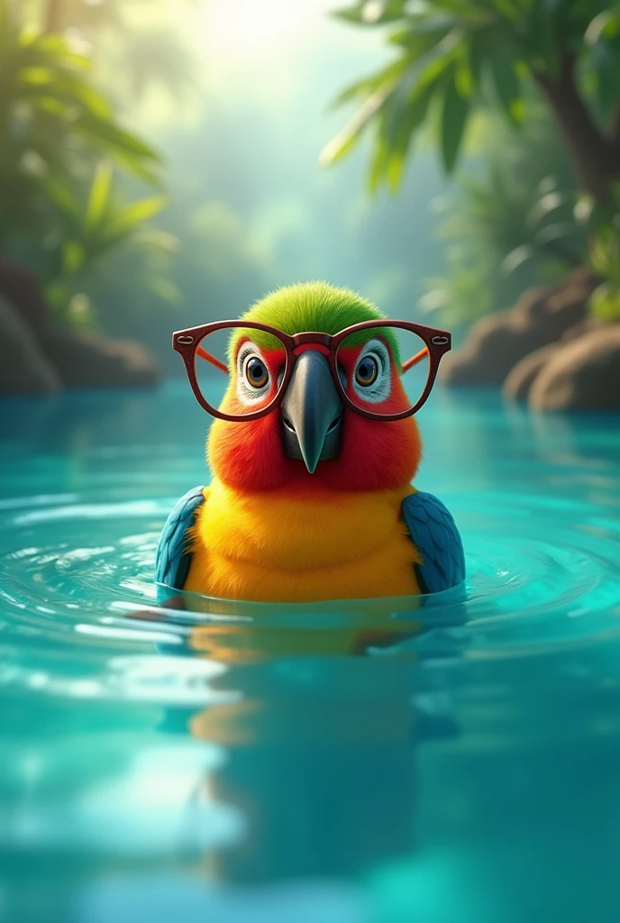 A parrot with glasses in the water