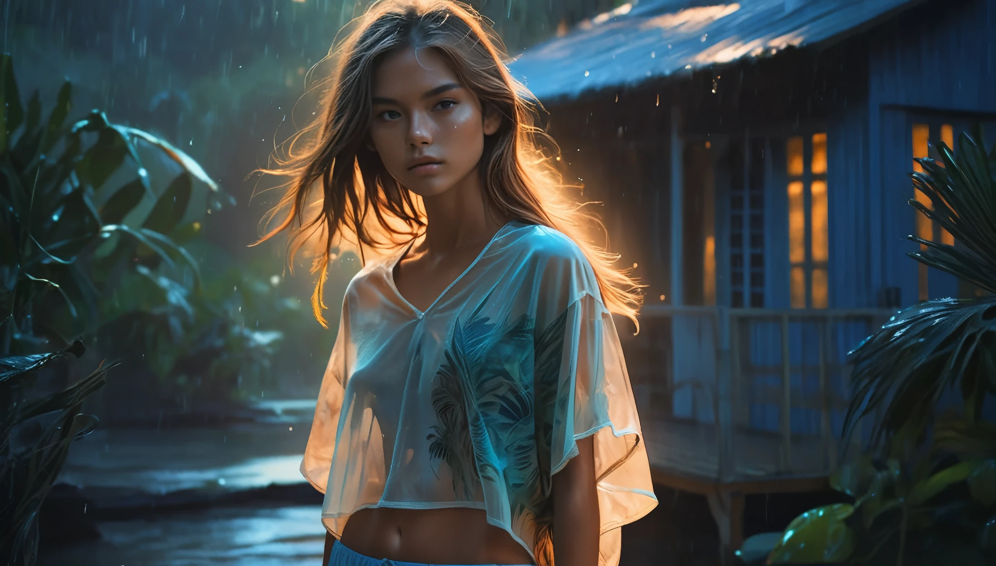 (best quality:1) , (masterpiece:1), (ultra detailed:1), photorealism, (cute sporty girl, young, barely legal, tanned skin), ((oversized loose very thin sheer crop shirt with plunging neckline and boxers, short, wide neckline, deep neckline, random colors)), (cozy cabana, outdoor, tropical ressort after a sunbath, wet), ((medium perky breasts, small hips, detailed face, long natural welled hair, some tattoos)), moody atmosphere, intricate details, at night, random pose, backlit, full body shot