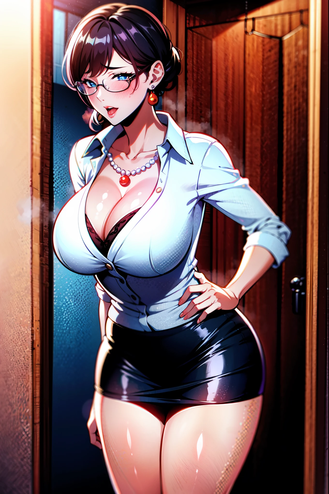 （（super high quality:1.6,Ultra-high resolution,4K,8k,16K,super masterpiece,Ultra HD））,Evening room,One Mature Woman,（White shirt,Tight Skirt,（（Large collar,Open collar,Stand up your collar,Tight collar））,Cleavage）,blush,Glasses,sexy,Pearl Earrings,Pearl Necklace,