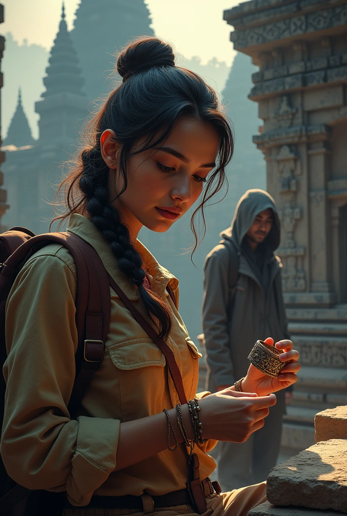 Create poster for mythological mystery novel in marathi. With Ellora kailas mandir at background and a modern archiologist girl with metal bracelet and suspicious villain