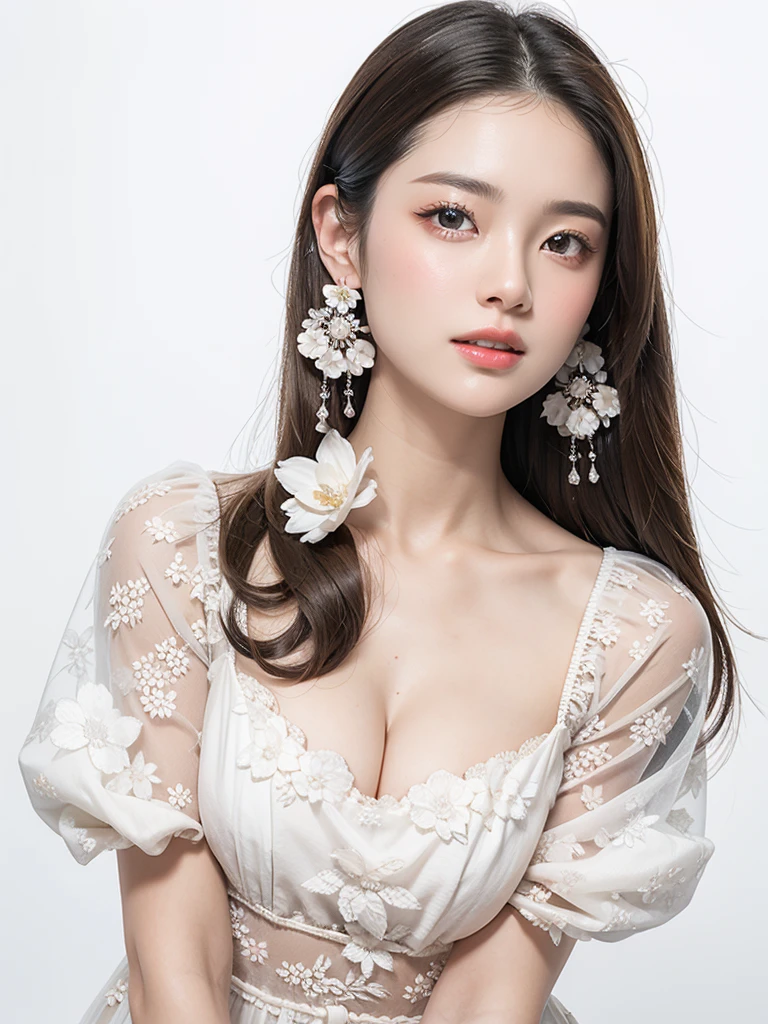 White Background、Professional Lighting、(((Professional Lighting 1.5)))、Translucent skin texture、Beautiful Skin、Beautiful Skin、、(((Whitening 1.5)))、、、音符のEcstasy、((Floral Dress 1.5))、Open your chest wide 1.4、Very good、Mid-shot photo、Simple Earrings、((Brown Hair))、Tie your hair、Sex Appeal、Sex Appeal、Ecstasy、(((Mid-shot photo1.5))、(((1.85)))