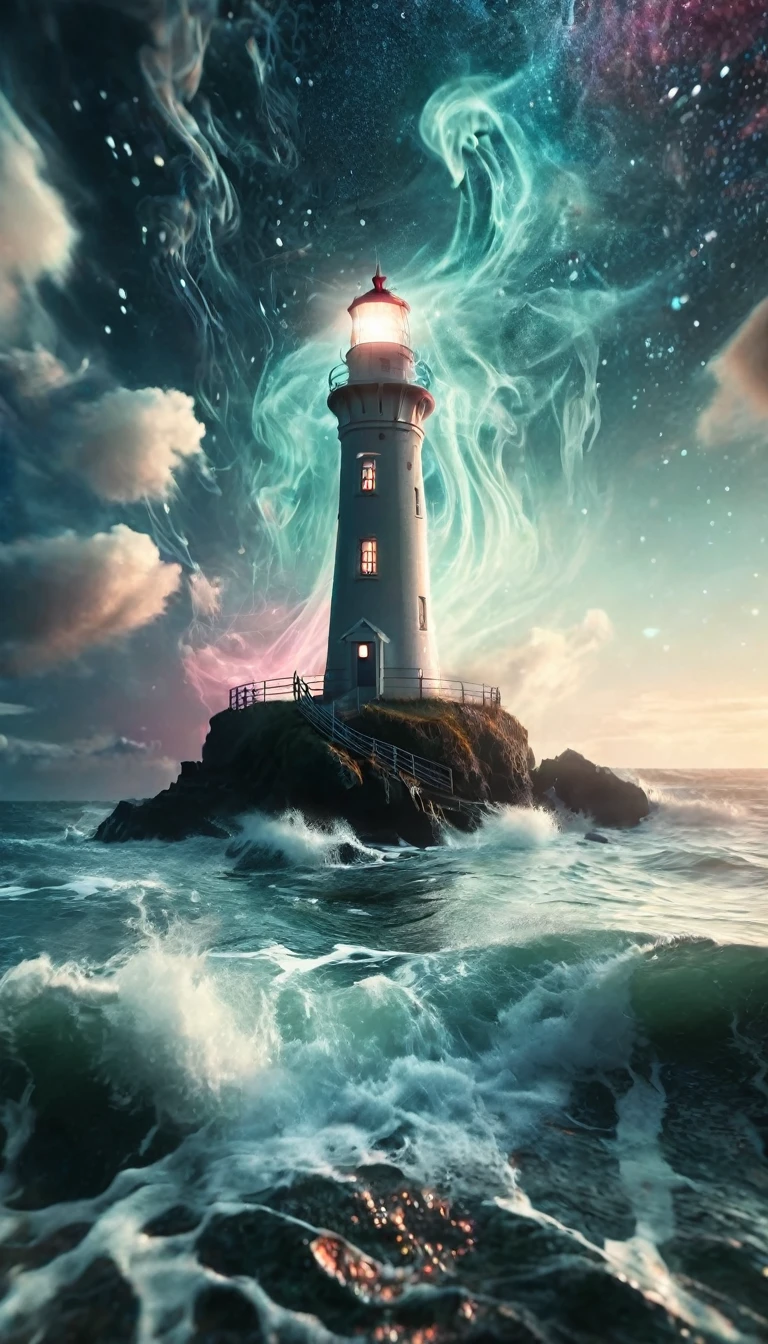 a majestic lighthouse standing amidst a swirling galaxy of neon lights and cosmic clouds. The lighthouse itself is adorned with intricate patterns resembling constellations, casting a brilliant beam of light that merges with the aurora borealis dancing overhead. Surrounding the scene are whimsical creatures inspired by deep-sea bioluminescence, gently floating in the ether like ethereal guardians. The entire composition is bathed in a surreal, otherworldly glow, blending elements of fantasy and cosmic wonder. Ultra realistic photo, 16k vibrant colors