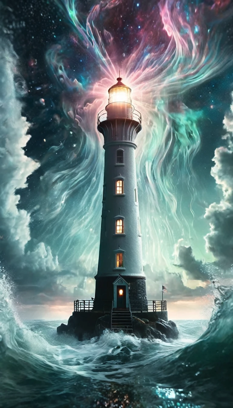 a majestic lighthouse standing amidst a swirling galaxy of neon lights and cosmic clouds. The lighthouse itself is adorned with intricate patterns resembling constellations, casting a brilliant beam of light that merges with the aurora borealis dancing overhead. Surrounding the scene are whimsical creatures inspired by deep-sea bioluminescence, gently floating in the ether like ethereal guardians. The entire composition is bathed in a surreal, otherworldly glow, blending elements of fantasy and cosmic wonder. Ultra realistic photo, 16k vibrant colors
