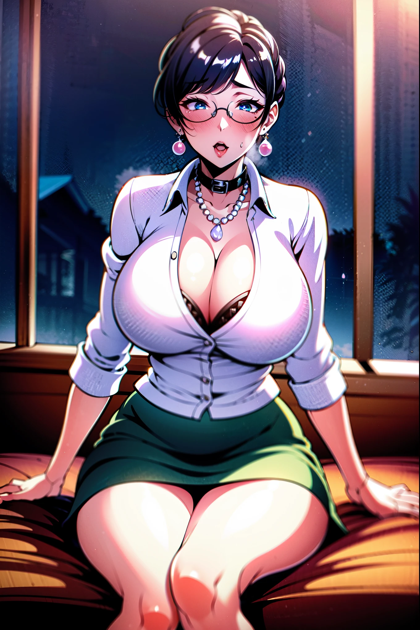 ((super high quality:1.6,Ultra-high resolution,4K,8k,16K,super masterpiece,Ultra HD)),Evening room,One Mature Woman,(White shirt,Tight Skirt,((Large collar,Open collar,Stand up your collar,Tight collar)),Cleavage),blush,Glasses,sexy,Pearl Earrings,Pearl Necklace,