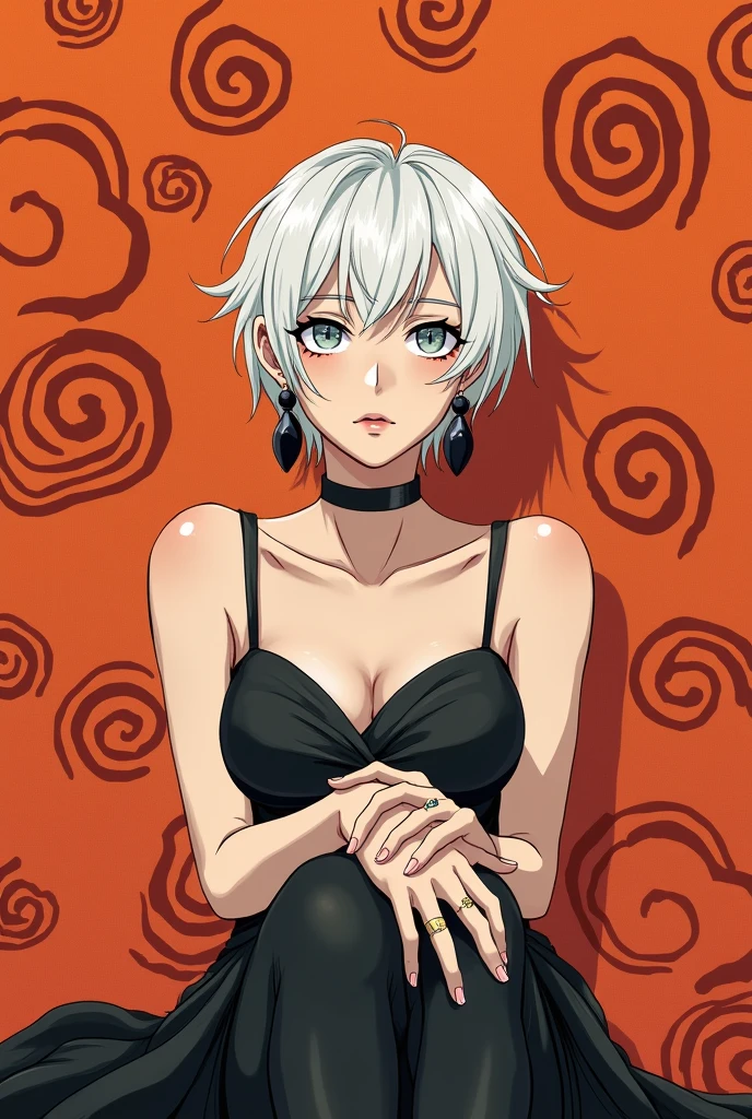 A manga showing a woman with short white hair and silver eyes, wearing black earrings and rings on her fingers. She is sitting in front of an orange background covered in dark red swirls