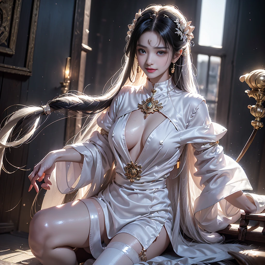 Slightly further angle of view、(Digital art like a movie: 1.3), high quality, Tabletop, 最high quality, Very detailed, shape, [4K Digital Art]、 India No, (Sharp focus: 1.5), (Moody lighting:1.2), Written boundary depth, bokeh, 4K 、High resolution, Very detailedな, Very detailed CG Unity 8k 壁紙, Realistic, Realistic, RAW Photos, Beautifully detailed face, Pale skin, Realistic glowing skin, Detailed cloth texture, Detailed hair texture, Perfect body, Beautiful Face, Acura, Anatomically correct, Very detailed face, Eye and skin texture, Natural neck length, (Beautiful Eyes、Beautiful Hands), (Shiny skin:1.2), Thin legs, Thin legs, Knowledgeable person、Detailed face、Detailed Background、 
(Girl standing on the balcony of an old castle),((Bust up photo)),((masterpiece:1.5、8k、Portraiture、Photorealistic and very detailed CG、Very detailed、Particle Effects、Dynamic Effects、Written boundary depth、Cinematic Light、Lens flare、Ray Tracing、Tabletop、Realistic:1.4、超High resolution:1.2、Realistic、Realistic))((alone、,Woman in turtleneck dress:1.4、Model-like pose:、Side bust、Ample breasts、Detailed face、Bright expression、young, Brighter, Whiter skin、Best Looks、Ultimate beauty、White hair with shiny highlights:1.8、bright and shiny hair,、Super long, Silky straight hair、Hair swaying in the wind))(Wonderful transparent flower々Surrounded by、White Background、Great background、Thin petals fluttering down)、(The Milky Way is visible in the background)
Short Bob Hair、Black Hair、
Dramatic Compensate、Compensate、Pink lips、eye make up、mascara、eyeliner、eye shadow、Rainbow color contact lenses、((Tight shirt and black miniskirt、Captivating smiling woman)), Blurred Background、Detailed face, high quality, High resolution、Librarian Woman、Obscene language、((night:1.5,Old Castle Floor:1.5, Bedroom、Dim lighting:1.5, sexual temptation))、Lying in bed