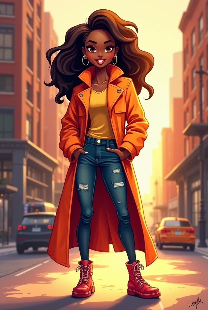 chibi-style digital illustration of a confident African American woman with long vibrant hairstyle, brown skin. She wears a floor-length coat in a chosen color, and skinny jeans with a trendy print. Her outfit includes blinged thigh high boots. The pose captures her confident stance in a cityscape background, radiating charisma. Natural light creates a warm and inviting atmosphere. Additional details are added to reflect her individuality and make the image stand out.